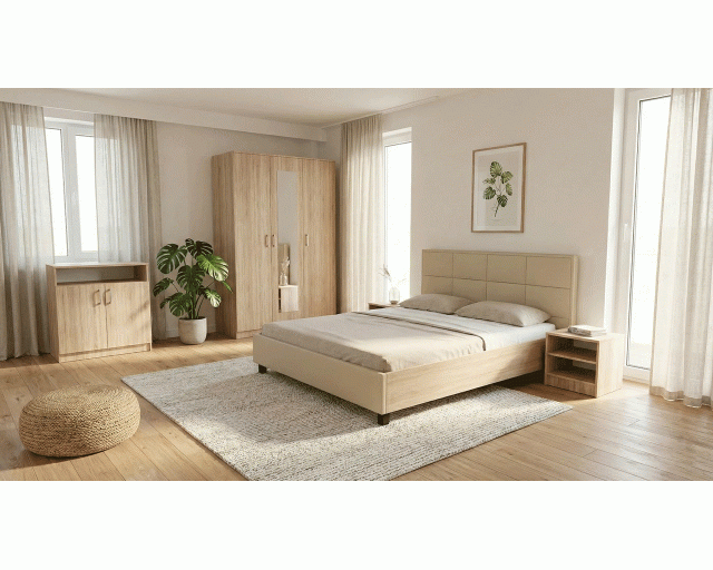 Dormitor Soft Sonoma cu pat tapitat bej pentru saltea 120x200 cm Dormitor Soft Sonoma cu pat tapitat bej pentru saltea 120x200 cm